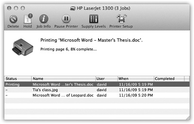 Waiting printouts appear in this window. You can sort the list by clicking the column headings (Name or Status), make the columns wider or narrower by dragging the column-heading dividers horizontally, or reverse the sorting order by clicking the column name a second time. The Supply Level button opens a graph that shows how much ink each cartridge has remaining (certain printer models only).