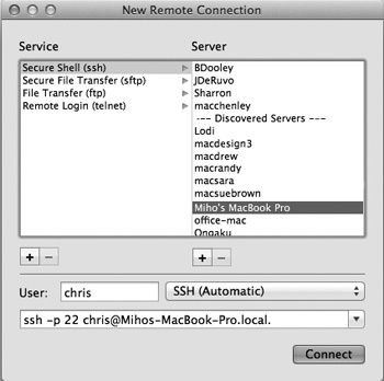 From the left side, choose the service you want; from the right, choose from a list of machines whose Remote Login checkboxes are turned on in the Sharing panel of System Preferences. Type your account name into the User box. As you adjust the connection options, the box at the bottom shows the Unix command you’re building. Click Connect to open a new Terminal window and send that command inside it.