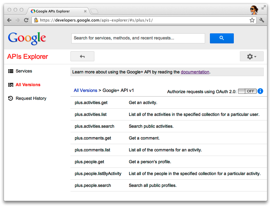 The API Explorer listing the methods of Google+ API v1