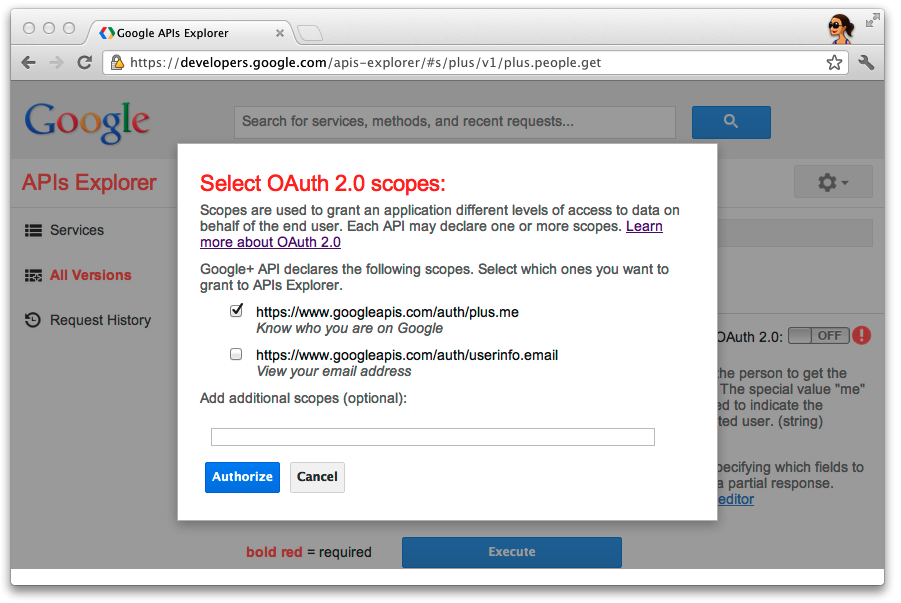 The API Explorer’s OAuth 2.0 scope selection dialog for the Google+ API
