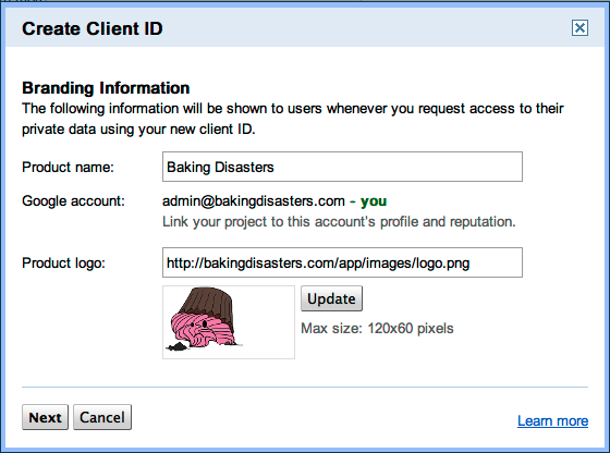Creating an API client ID for Baking Disasters