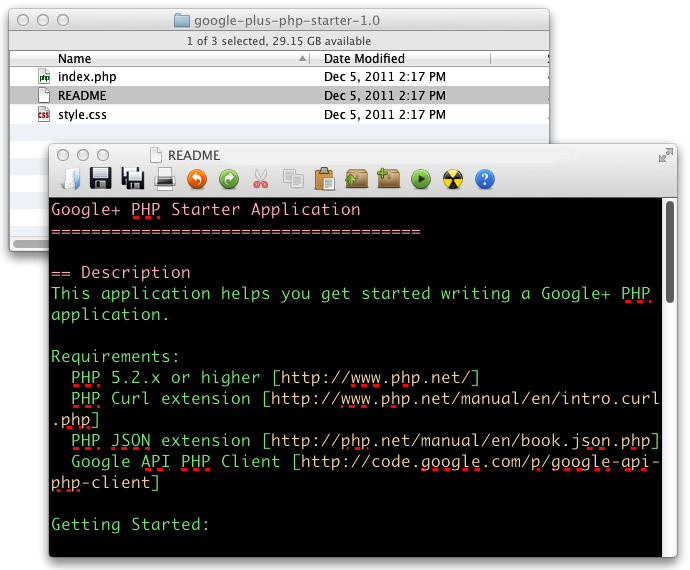 The Google+ API PHP starter project’s archive contents and readme file
