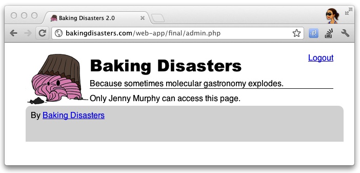 The logged-out view of the Baking Disasters administration console.