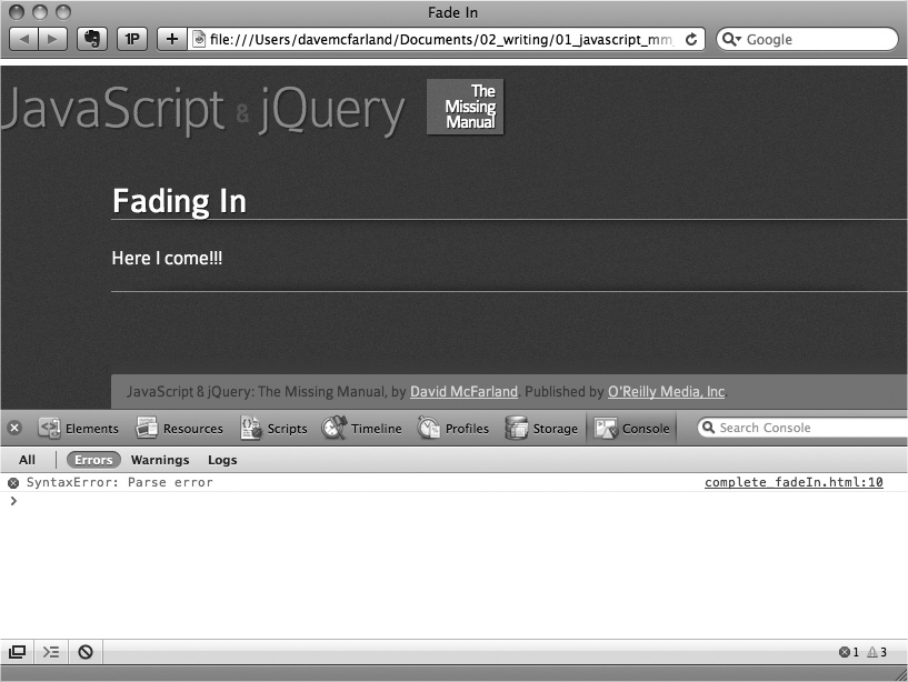 The Safari Error Console displays the name of the JavaScript error, the file name (and location), and the line on which Safari encountered the error. Each tab or browser window has its own error console, so if you’ve already opened the console for one tab, you need to choose Develop→Error Console if you wish to see an error for another tab or window.