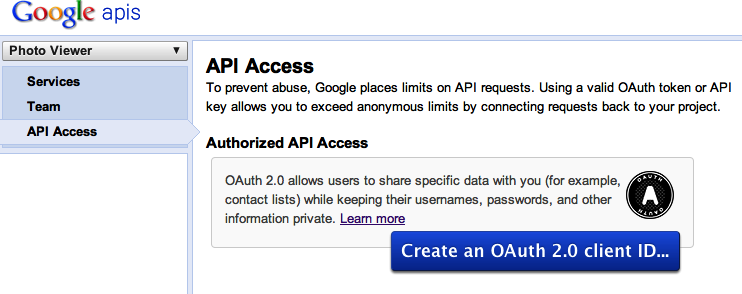 Google’s APIs Console for OAuth app registration