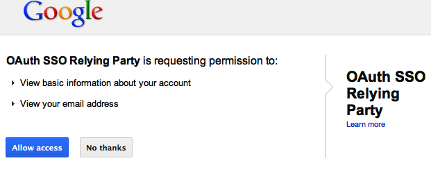 Google asking if it’s OK to share info with example app “OAuth SSO Relying Party”