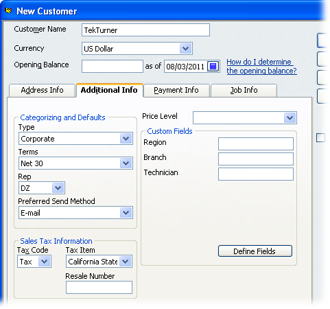 Most of the fields on the Additional Info tab use QuickBooks’ lists. To jump directly to the entry you want in long lists, in any text box with a drop-down list, type the first few characters of that entry. QuickBooks selects the first entry that matches the characters you’ve typed and continues to reselect the best match as you continue typing. You can also scroll to the entry in the list and click to select it. If the entry you want doesn’t exist, click <Add New> to create it.