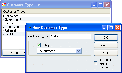 To define a customer type as a subtype of another, turn on the “Subtype of” checkbox as shown here. Then, in the drop-down list, choose the top-level customer type. For example, if you sell to different levels of government, the top-level customer type could be Government and contain subtypes Federal, State, County, and Local.