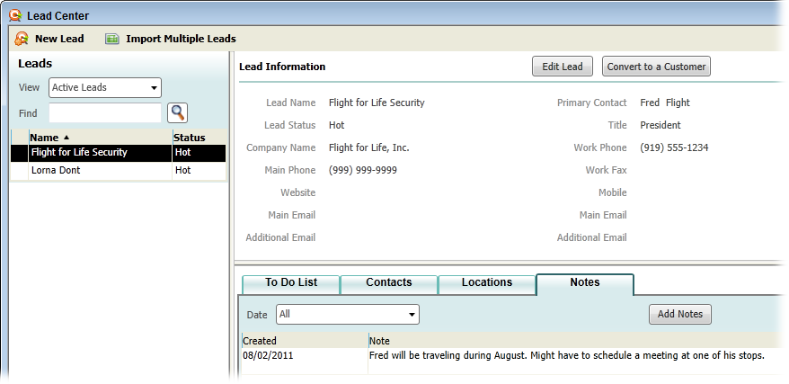 The Lead Center looks a lot like the Customer Center with a few exceptions. The Leads list shows the lead’s name and status. Because leads don’t have transactions, the tabs at the bottom of the Lead Center focus on the contacts, locations, to-dos, and notes you use to try to convert the leads into customers.