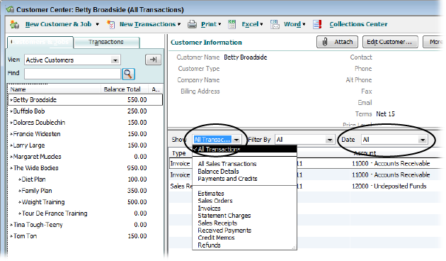 When you select a customer in the Customer Center, the transaction pane in the lower right shows that customer’s transactions. To see them all, in the Show drop-down list, choose All Transactions, and in the Date drop-down list, choose All.