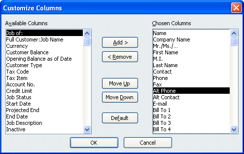 In addition to adding and removing columns, you can change the position of a column by selecting it in the Chosen Columns list and then clicking Move Up or Move Down. If you completely mangle the columns, click Default to restore the original ones.
