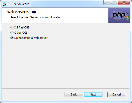 If you want to install a local web server to test your entire web applications on your machine, select the IIS FastCGI or Other CGI option. But for getting started, “Do not setup a web server” is the simplest option.