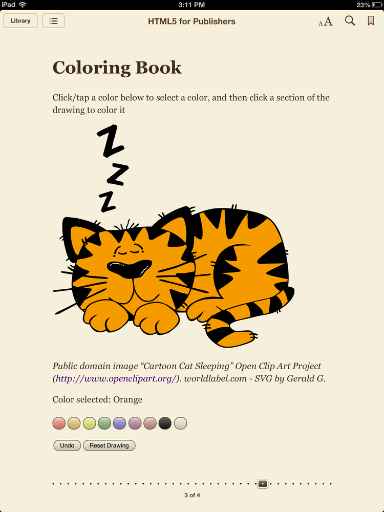 SVG Coloring Book completed “sleepy cat” image; he’s masquerading as a tiger!