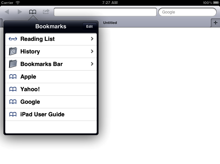 The bookmarks popover in the Safari app on an iPad