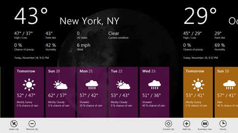 Weather app sample in Windows 8 showing the Application Bar