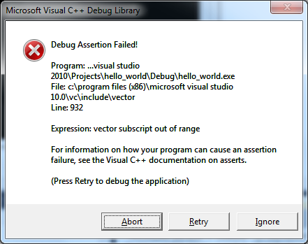 Microsoft Visual Studio âIndex out of boundsâ dialog box