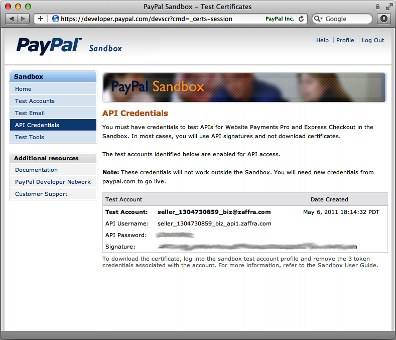 PayPal API credentials are available through the developer sandbox environment