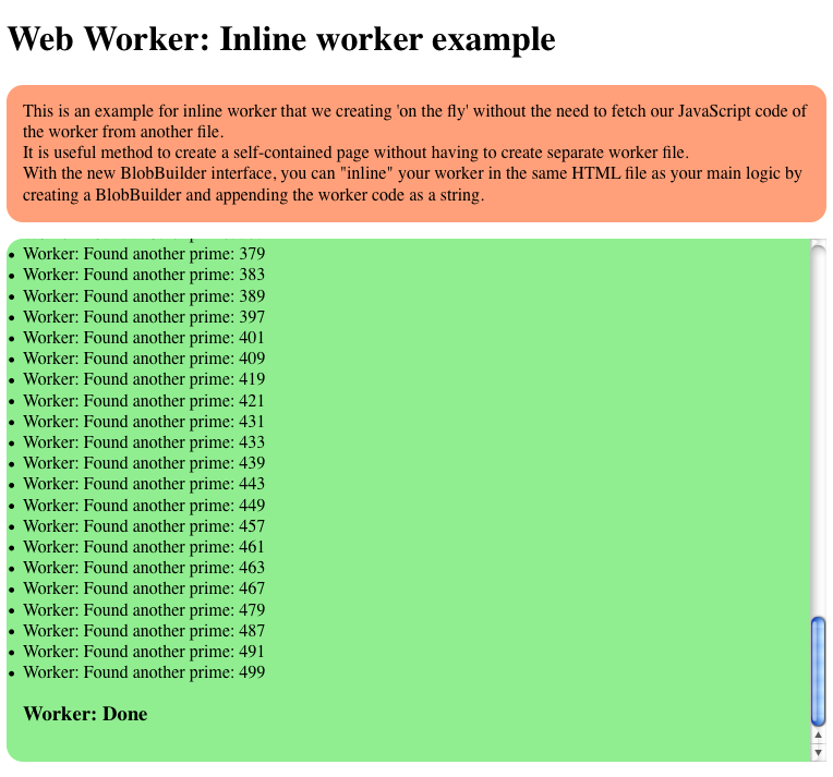 Results of the inline Worker hunting for prime numbers