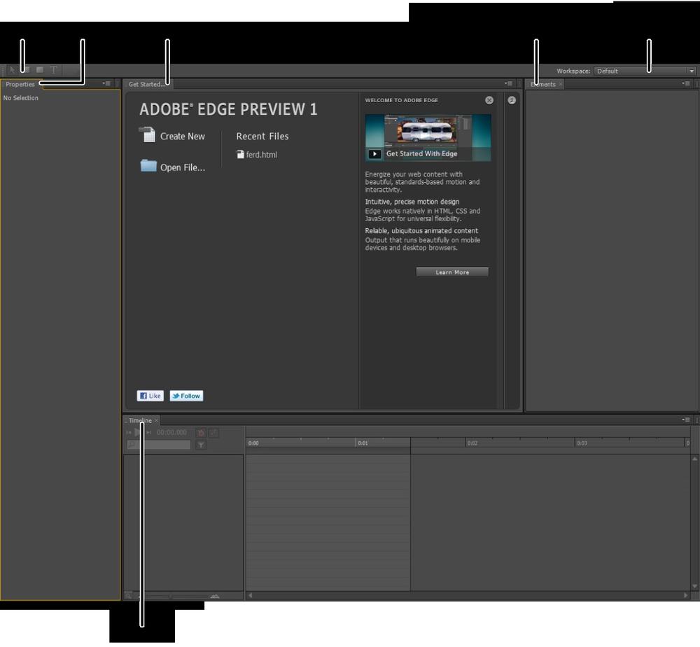 The Edge workspace consists of a few movable and resizable panels. Initially, the stage displays getting started info. After you create a new document, you use the stage as your canvas to display the graphic elements in your animation.
