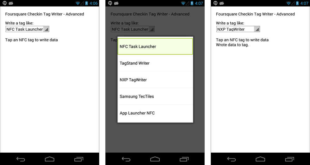 The Foursquare Check-In Advanced app; initial screen (left), showing options menu (center), and after writing to tag (right)