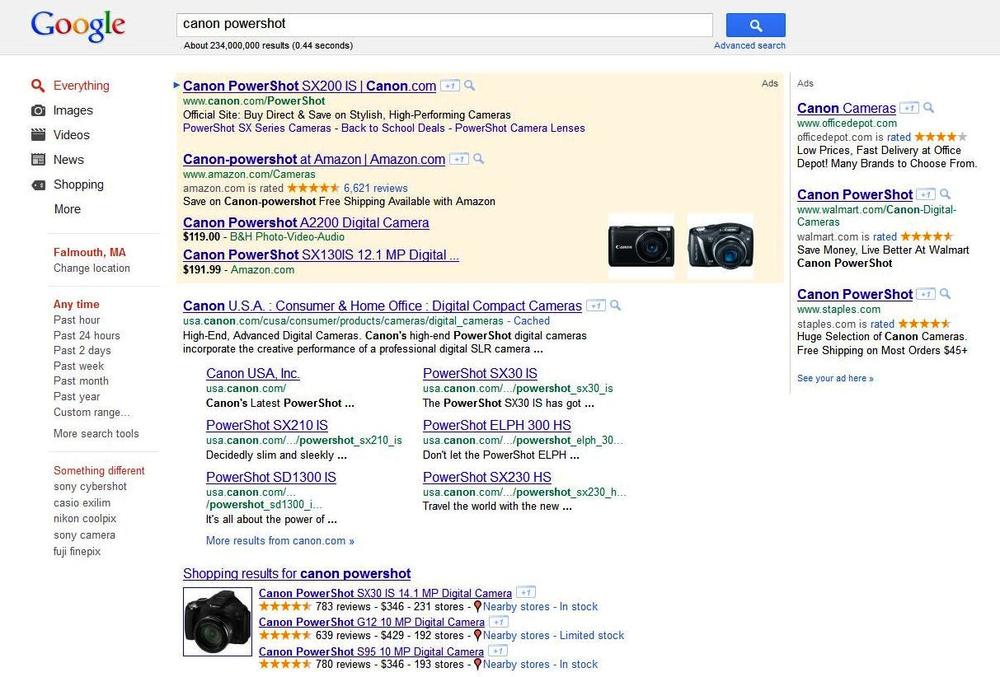 Product Search onebox for “canon powershot”