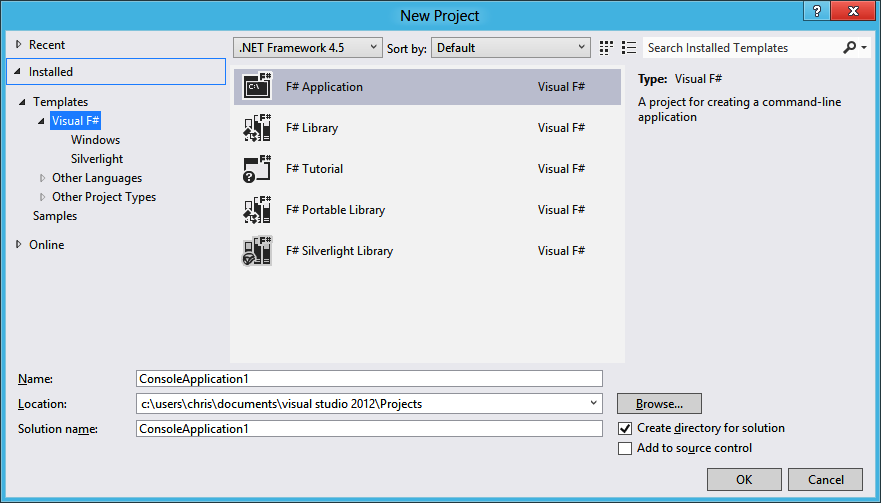 Select F# Application to start your first F# project