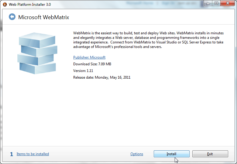 Installing WebMatrix in Windows 7