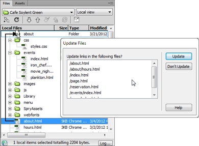 You can move files and folders within the Files panel just as you would in Windows Explorer or the Macintosh Finder. Simply drag the file into (or out of) a folder. But unlike your computer’s file system, Dreamweaver monitors the links between web pages, graphics, and other files. If you move a file using Windows Explorer or the Finder, you’ll most likely end up breaking links to that file or, if it’s a web page, breaking links within that file. By contrast, Dreamweaver is smart enough to know when moving files will cause problems. The Update Files dialog box lets you update links to and from the files you move so your site keeps working properly.