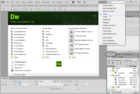 The Dreamweaver Welcome screen pictured in the middle of this figure lists recently opened files in the left column. Clicking one of the file names opens that file for editing. The middle column provides a quick way to create a new web page or define a new site. In addition, you can access introductory videos and other getting-started material from the screen’s right-hand panel. You see the Welcome screen only when you have no other web files open.