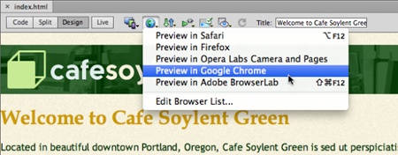 The “Preview in Browser” menu in the document window is another way to preview a page. This menu has the added benefit of letting you select any browser on your computer, not just the ones to which you assigned keyboard shortcuts.