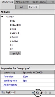 The CSS Styles panel has two views: All and Current. The All view, pictured here, lists all the styles available to the current page. You can edit a style by double-clicking its name, or add a new style by clicking the New Rule button (circled). You’ll learn about the Current view on page 393.