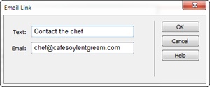 The Email Link dialog box lets you specify the text for the email link and the email address. You can also select text in your document and click the Email Link icon on the Objects panel. The text you select appears in the Text field in this dialog box.