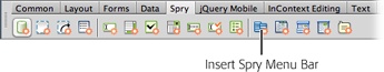 The Spry Menu Bar button appears on the Insert panel. You can find it under both the Spry category or the Layout category of the Insert toolbar. Here, you can see the Spry category of the Insert panel in both Classic view (left) and the normal view (right). You’ll find information on Classic view in the Note on page 38.