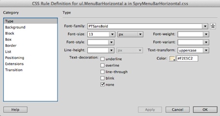 Changing the text properties for the “ul.MenuBarHorizontal a” style defines the basic styles for all the menu buttons. Make sure you don’t deselect the “none” option under Text-decoration, or a line appears underneath the text in each button.