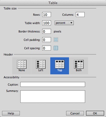 Inserting a table into a web page is a matter of making a few choices in the Table dialog box. Any text you type into the Summary box doesn’t appear in a browser window, so you probably won’t use this option much. It’s intended to explain a particularly complicated table to non-visual web browsers (like search engines such as Google and Bing, or screen readers used by the visually impaired).