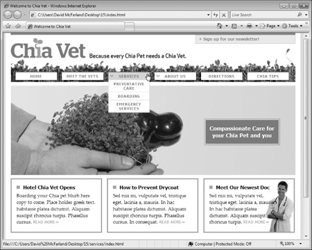 A good site (even a made-up one) has an easy-to-understand structure. It divides content into logical sections, and includes a prominent navigation bar—the row of buttons below the Chia-Vet logo in this image—to give visitors quick access to that content. When you build a site, its “architecture” provides a useful model for creating and naming the behind-the-scenes folders that hold the site’s files.