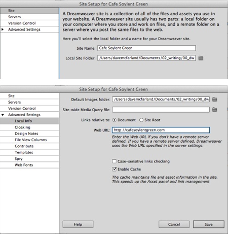 Use the Site Setup window to tell Dreamweaver about your site files—where they’re located on your computer, where you want to put them on the Web, and how Dreamweaver’s site management tools should work with them. You’ll find the “Site-wide Media Query file” option (bottom image) discussed on page 513.