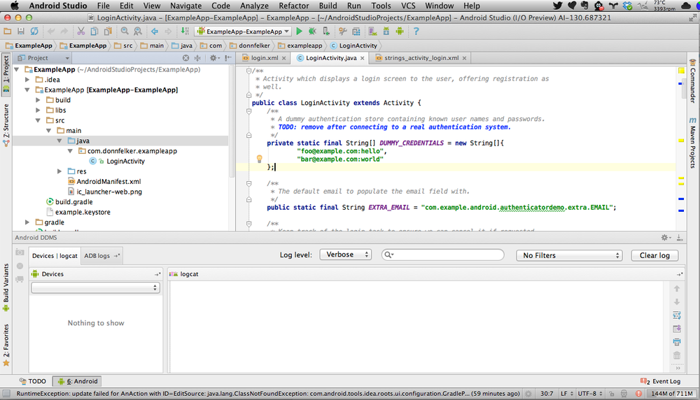 Android Studio with the Editor, Project, and Android panels
