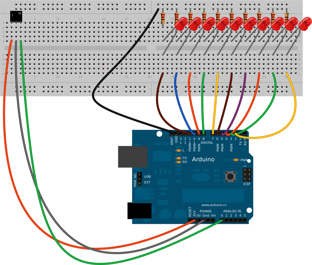 The noise sensor plugged to the breadboard, with jumper wires leading from its GND, power, and DATA pins.