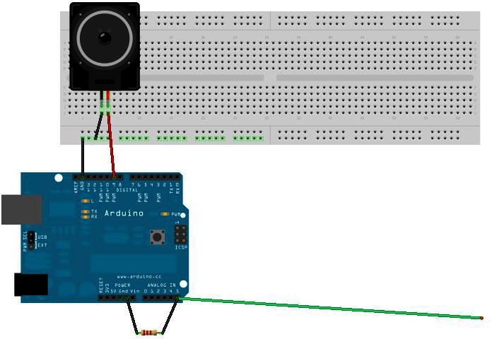 EMI detector: one lead of 8-ohm speaker connected to GND pin on Arduino, the other to digital port 8.