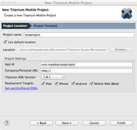 Mobile options on the Titanium Mobile Project screen