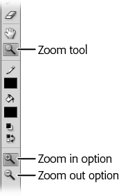 On the Tools panel, when you click each tool, the Options section shows you buttons that let you modify that particular tool. In the Tools panel’s View section, for example, when you click the Zoom tool, the Options section changes to show you only zooming options: Enlarge (with the + sign) and Reduce (with the – sign).