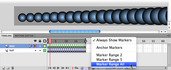 Here you see the result of selecting Marker Range All. The onion markers surround the entire frame span (Frame 1 through Frame 20), and all 20 images appear on the same stage, ready for you to edit en masse.
