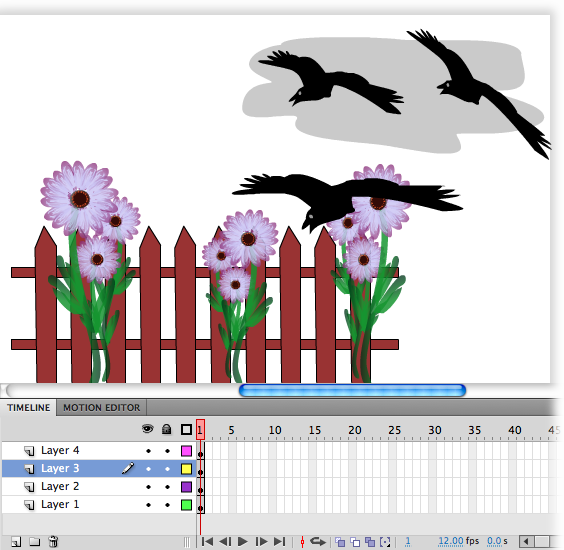 Here’s what the composite drawing for Frame 1 looks like: the fence, the flowers, the cloud, and the birds, all together on one stage. Notice the display order: The flowers (Layer 2) appear in front of the fence (Layer 1), and the birds (Layer 4) in front of the cloud (Layer 3). You can change the way these images overlap by rearranging the layers, as you’ll see on page 146.