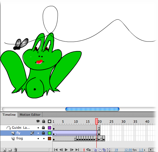 This animation contains three layers: one containing a motion tween of a buzzing fly, one containing the path the fly takes as it buzzes around the frog’s head, and one containing the highly interested frog. In some situations, showing all layers is fine, but here it’s confusing to see all those images on the stage at the same time.
