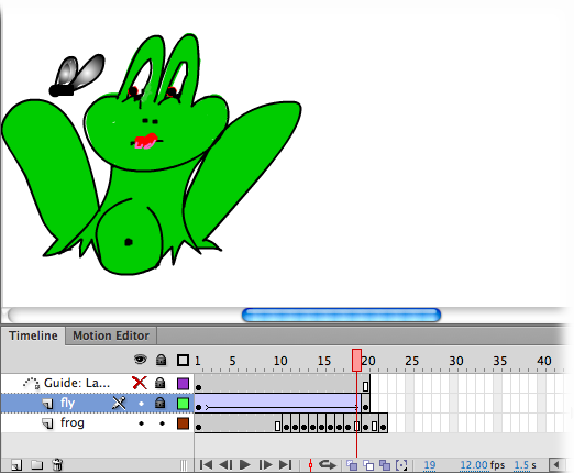 Hiding the motion guide layer lets you focus on the two main elements of this animation: the frog and the fly.
