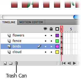 The quickest way to dispose of a layer is to select it and then click the trash can. All Flash animations have at least one layer, so you can’t delete the last layer. If you try, Flash doesn’t display any error—it just quietly ignores you.