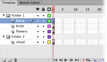 Newly created layer folders appear expanded, like Folder 1 here (note the down arrow). Clicking the down arrow collapses the folder and changes the down arrow to a right arrow. When you drag layers into an open folder (or expand a collapsed folder), the layers appear beneath the folder. You rename a layer folder the same way you rename a layer: by double-clicking the existing name and then typing in one of your own. You can move layer folders around the same way you move layers around, too: by dragging.