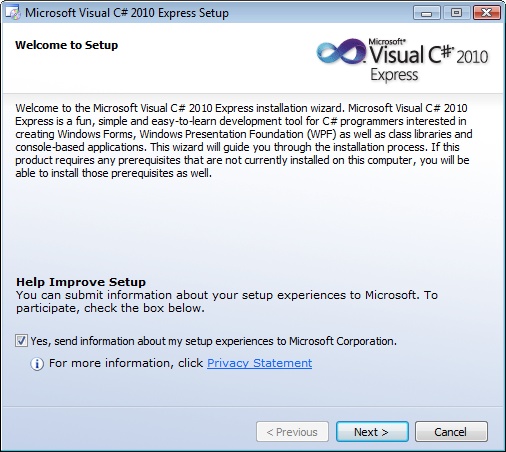 Visual Studio C# Express Installer Setup Screen