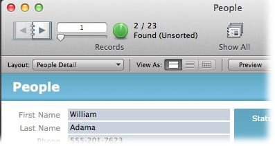 After a find, the Status toolbar shows how many records match your request. Here, FileMaker found two records with the last name of Adama. You can flip between these two records to your heart’s content, but you can’t see any records not in your found set. To see the other records, click the green pie or choose Records→Show Omitted Only. FileMaker swaps your found set and shows you the other records in your database. Then, when you’re ready to look at all your records again, click the Show All button.